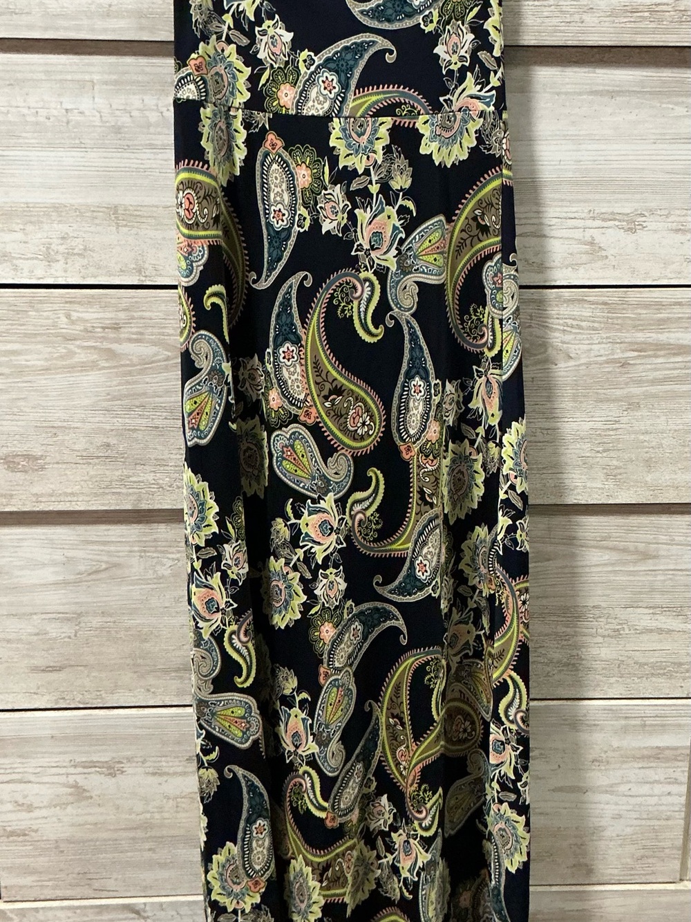 Paisley Print Black Maxi Skirt with Subtle Green & Pink Accents